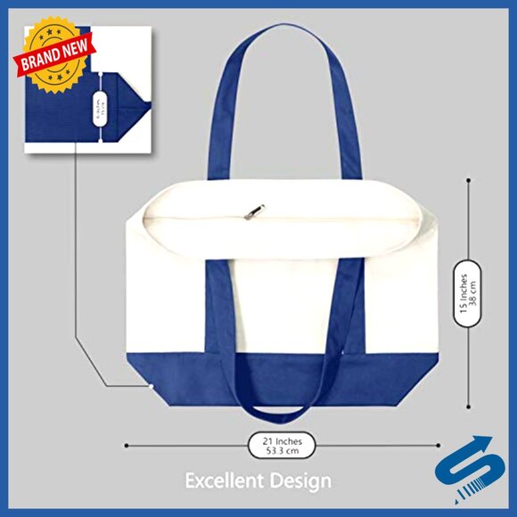 Canvas Tote Bags 3-Pack Reusable Grocery Shopping Zipper Closure Durable